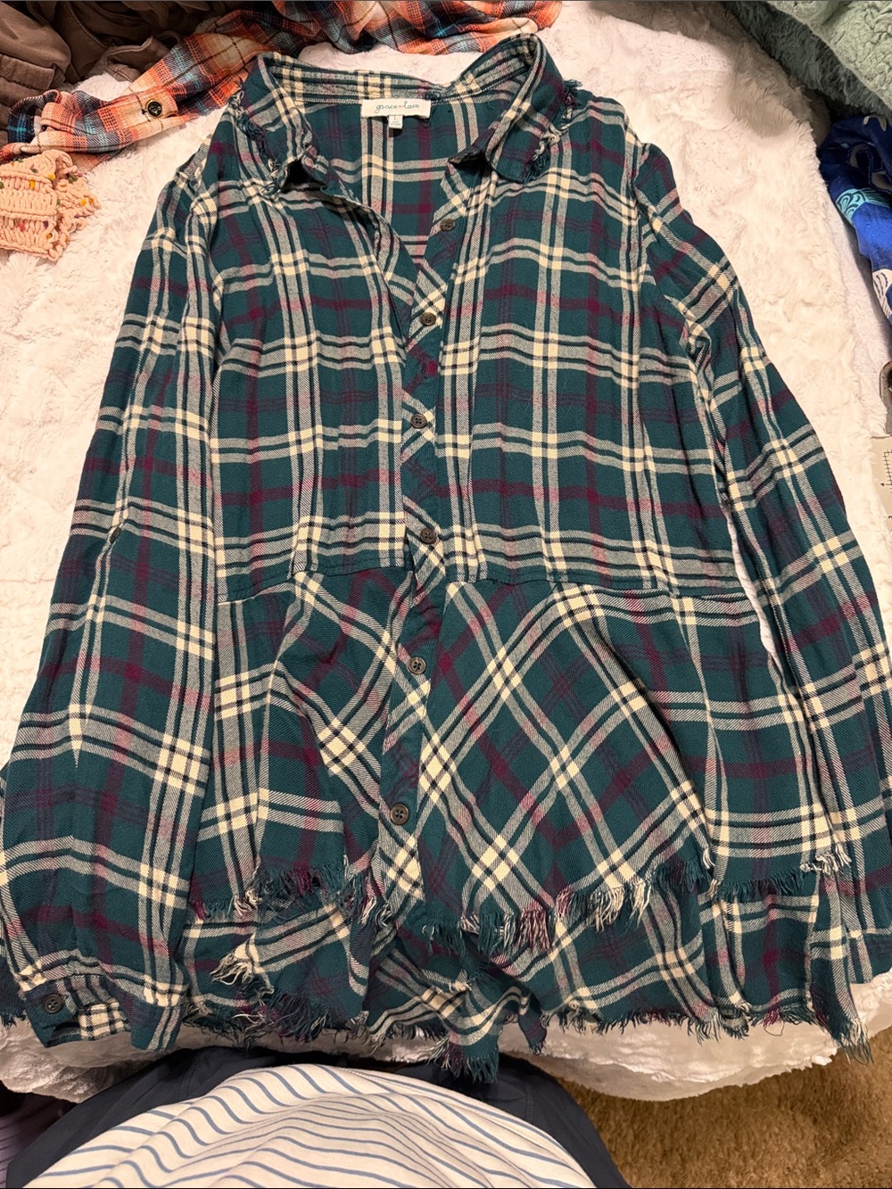 Grace & Lace Teal Plaid Button-Up Tunic with Cream and Burgundy Accents